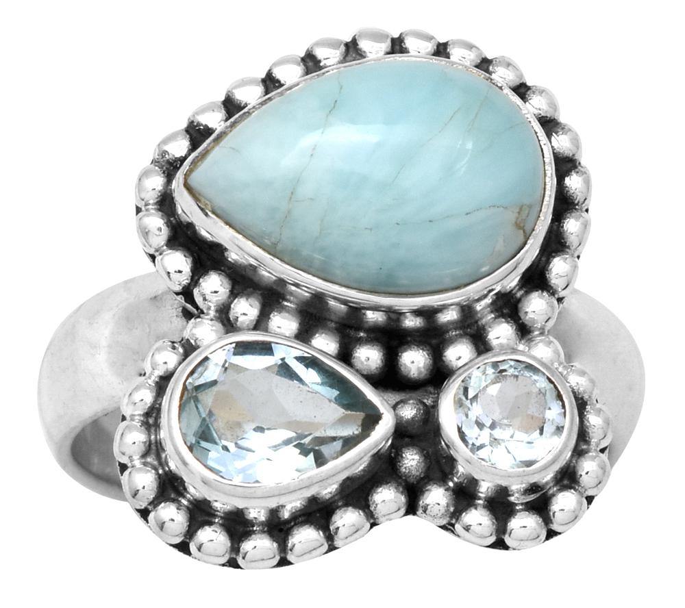 Natural Larimar Blue Topaz Solid 925 Sterling Silver Ring Jewelry - YoTreasure