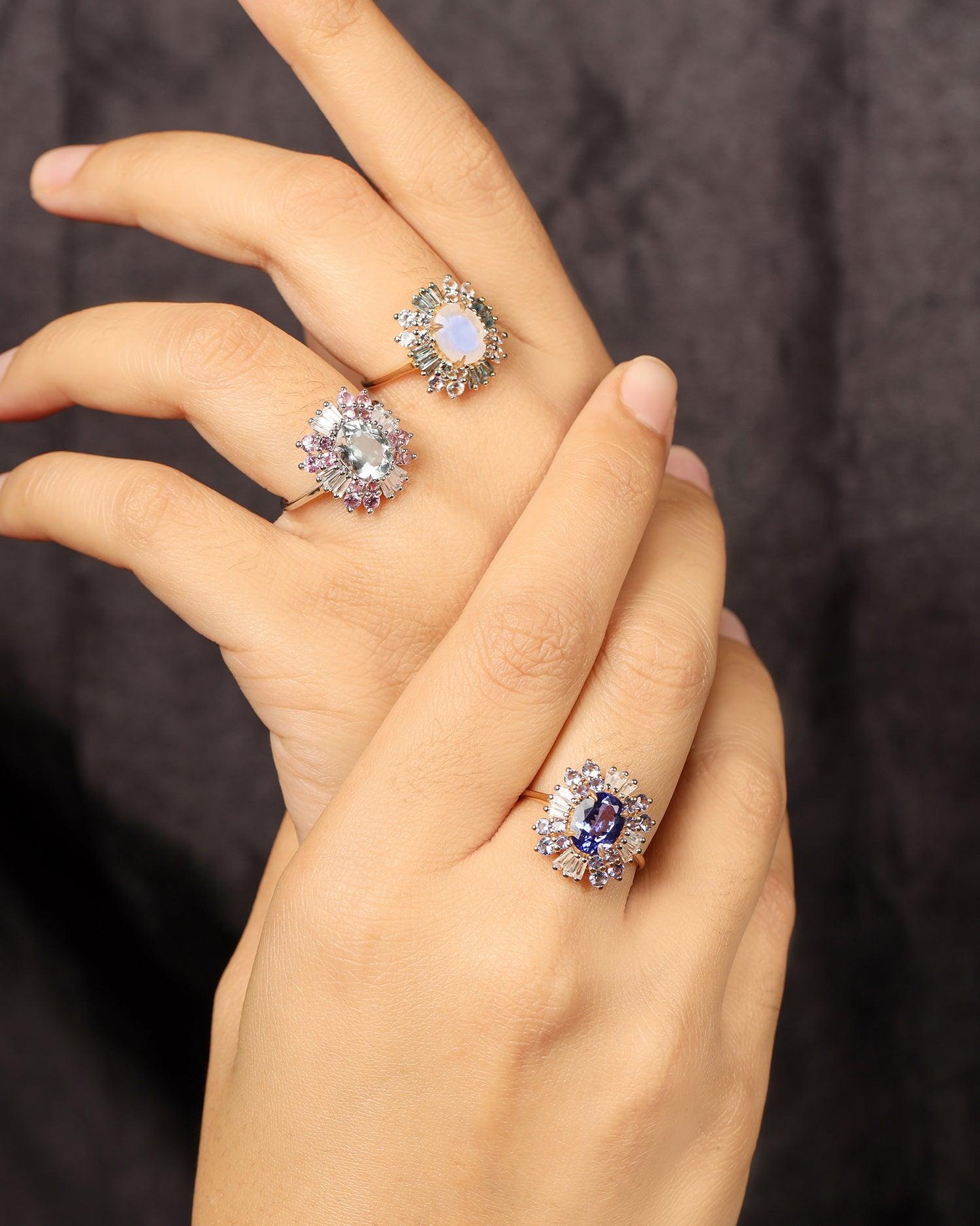 2.74 Ct. Aquamarine White Zircon Pink Sapphire 14K White Gold Engagement Ring - YoTreasure