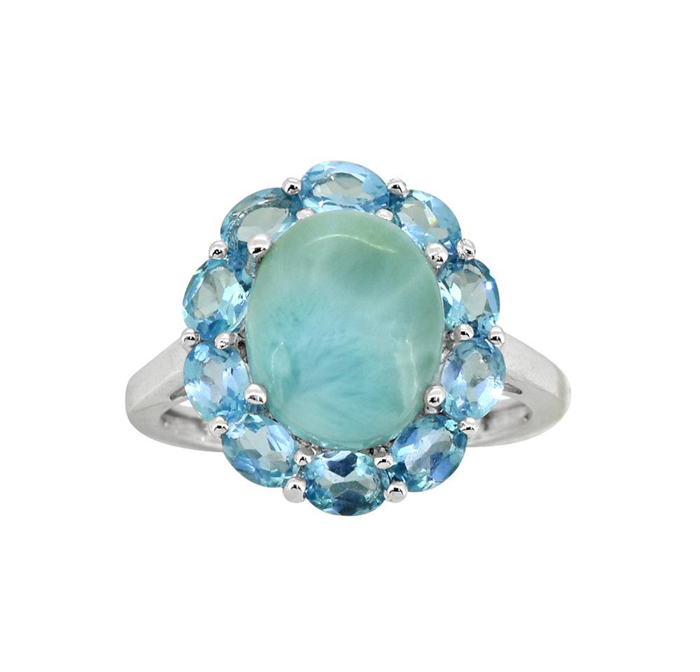 5.43 Ct. Larimar Blue Topaz Sterling Silver Flower Cluster Ring Jewelry - YoTreasure