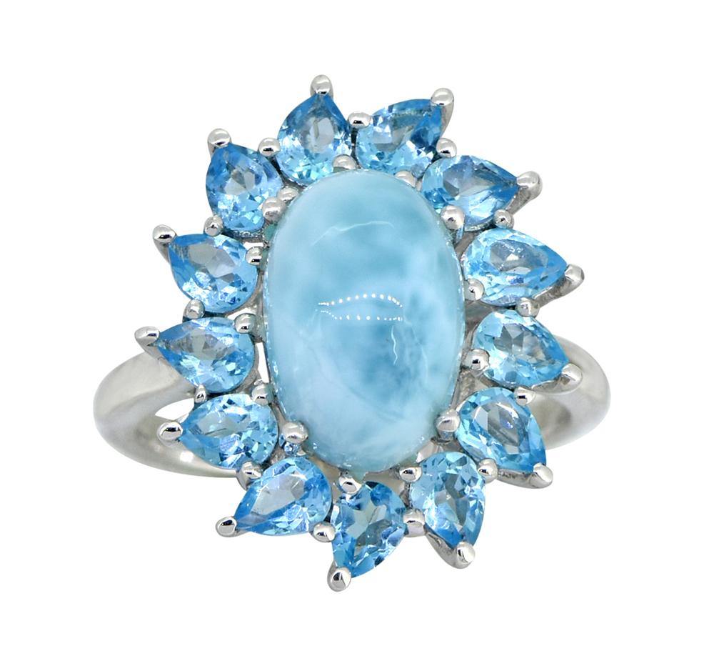 6.23 Ct. Larimar Swiss Blue Topaz Solid 925 Sterling Silver Cluster Ring Jewelry - YoTreasure