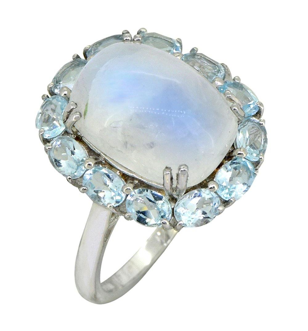 Rainbow Moonstone Sky Blue Topaz Solid 925 Sterling Silver Cluster Ring Jewelry - YoTreasure