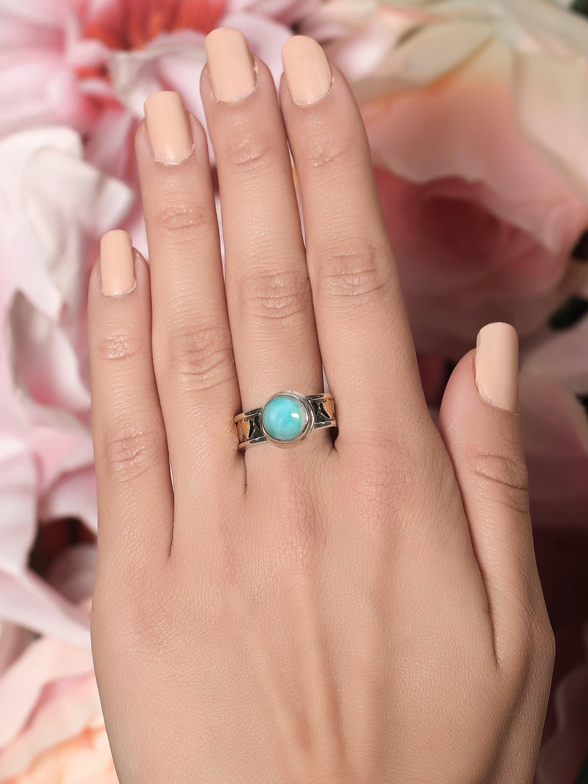 Larimar Solid 925 Sterling Silver Brass Gemstone Heart Ring Jewelry - YoTreasure