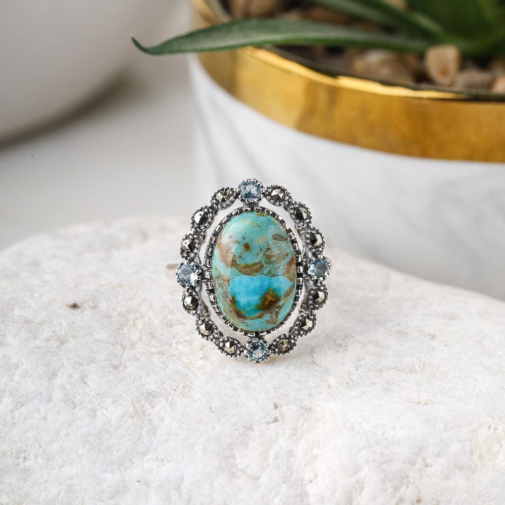 Blue Mohave Turquoise Swiss Blue Topaz Marcasite 925 Sterling Silver Ring - YoTreasure