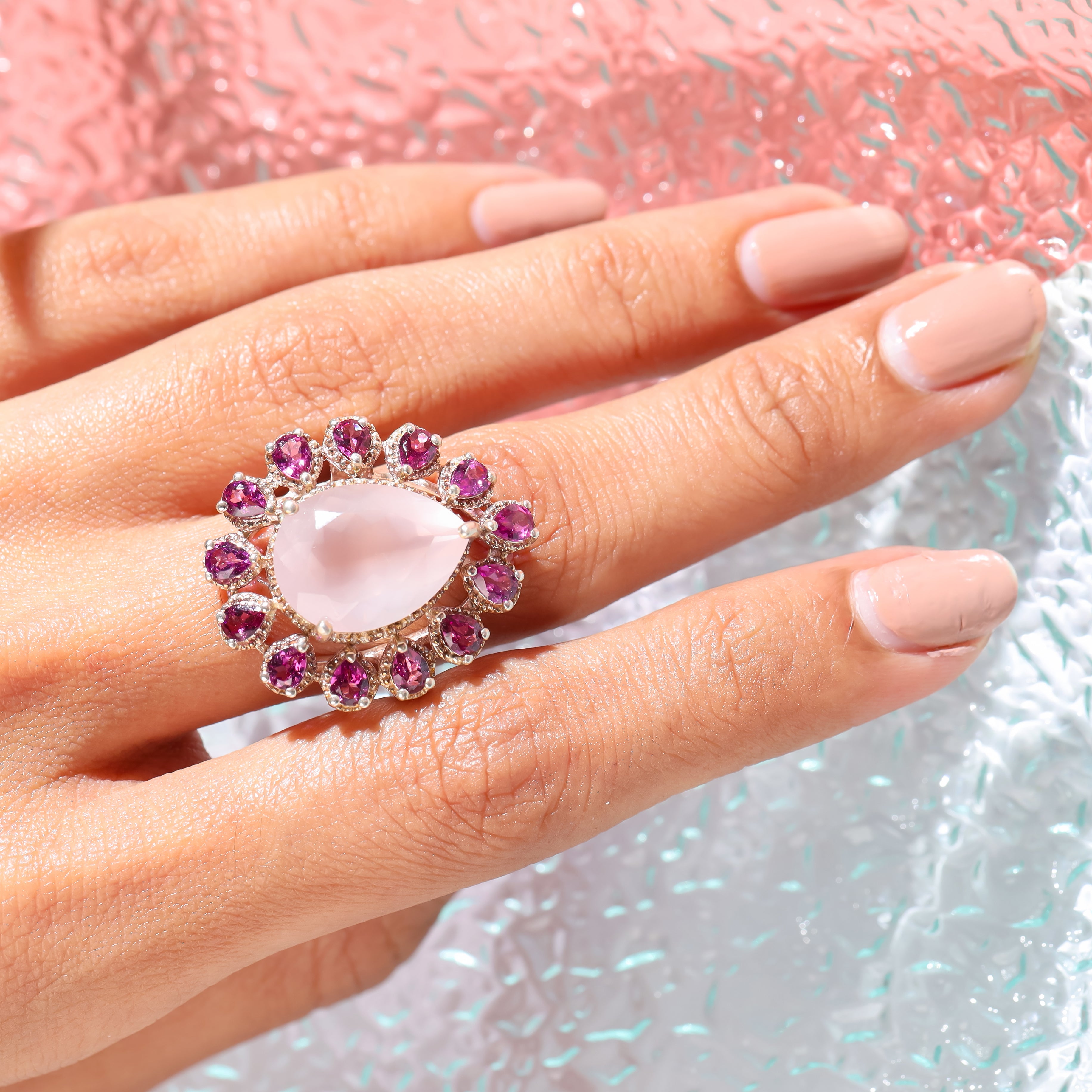 Rose Quartz Rhodolite Garnet Solid 925 Sterling Silver Bold Ring