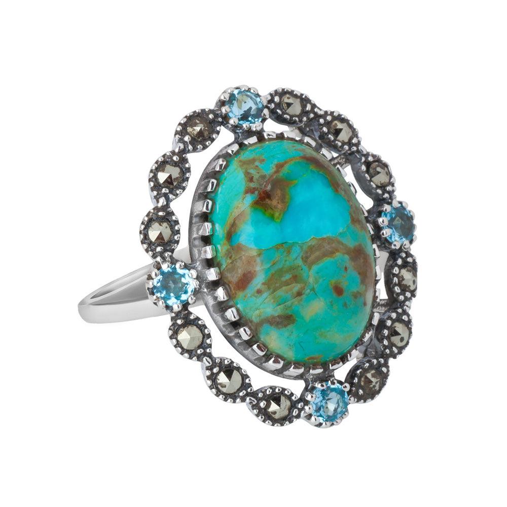 Blue Mohave Turquoise Swiss Blue Topaz Marcasite 925 Sterling Silver Ring - YoTreasure