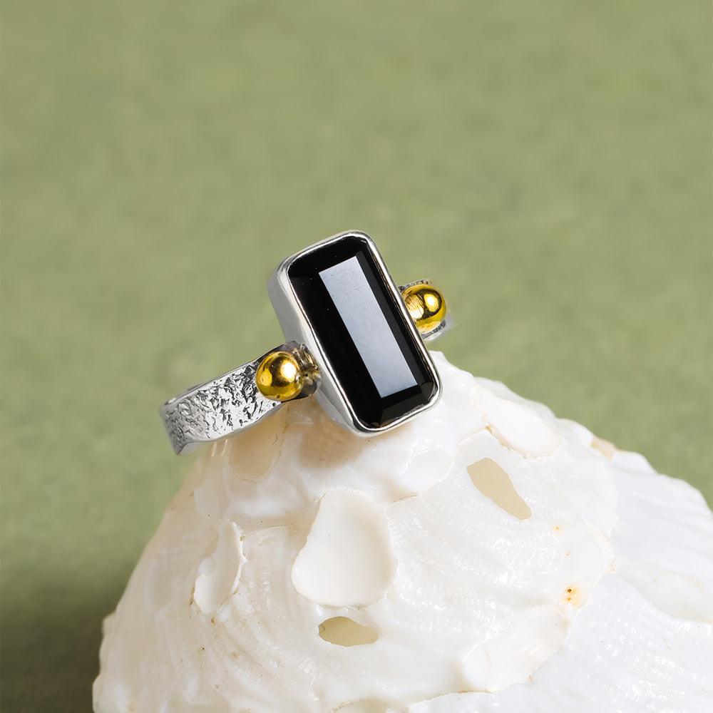 Black Onyx Solid 925 Sterling Silver Bold Ring With Brass Accents - YoTreasure