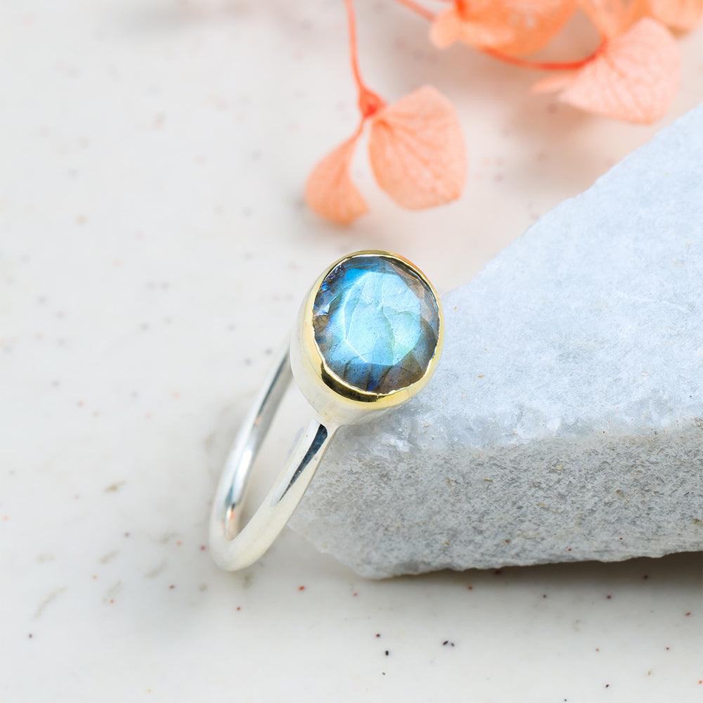 Labradorite Solitaire Ring 14K Gold Plated Over 925 Silver Jewelry - YoTreasure