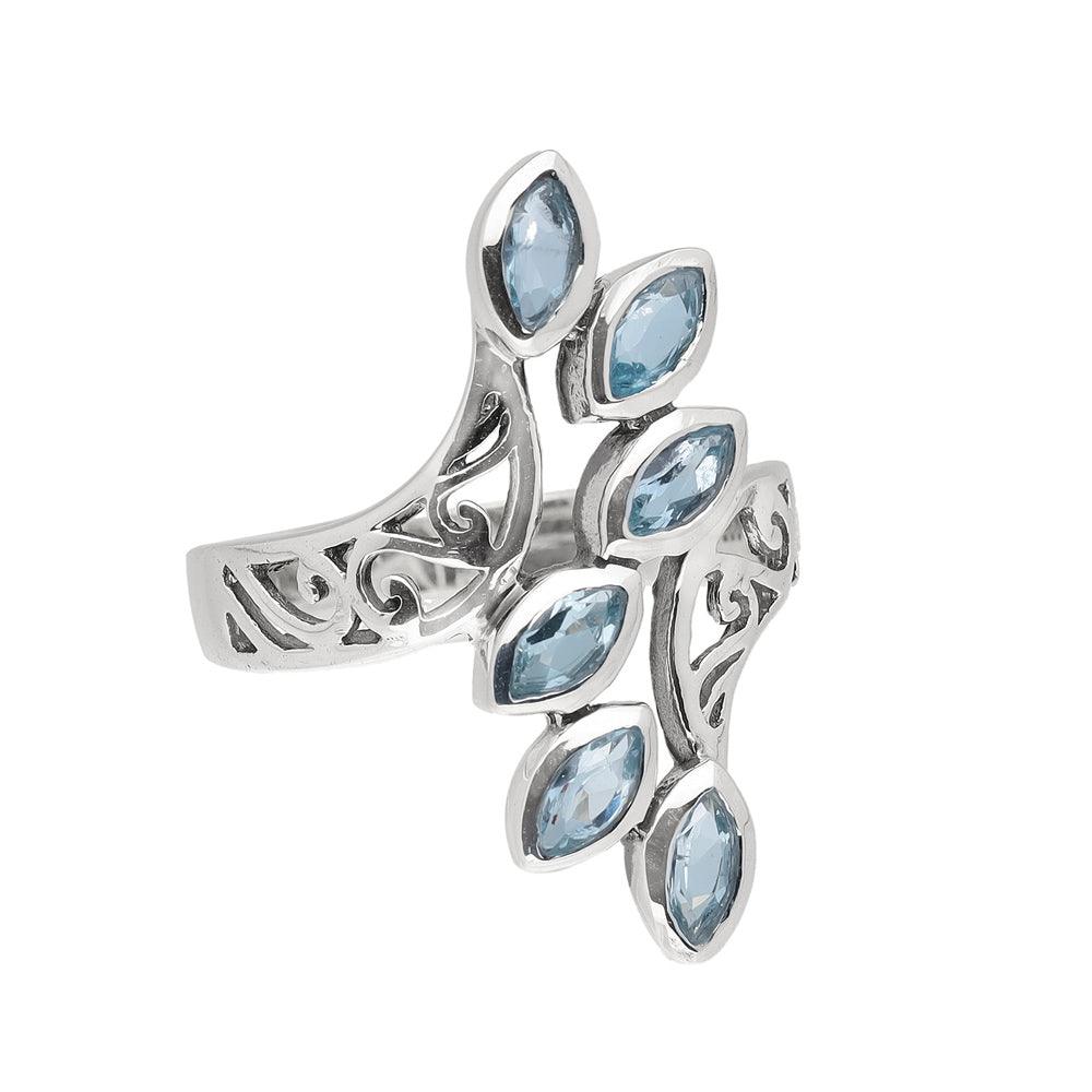 Blue Topaz Solid 925 Sterling Silver Leaf Design Ring Jewelry - YoTreasure