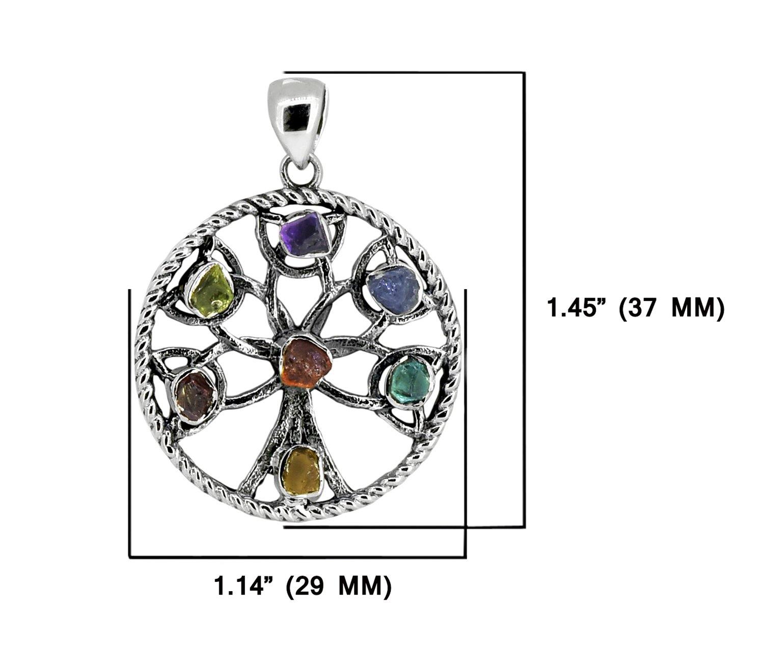 Rough 7 Chakra Healing Stone Solid Sterling Silver Chain Tree of Life Necklace Pendant Family Tree Jewelry - YoTreasure