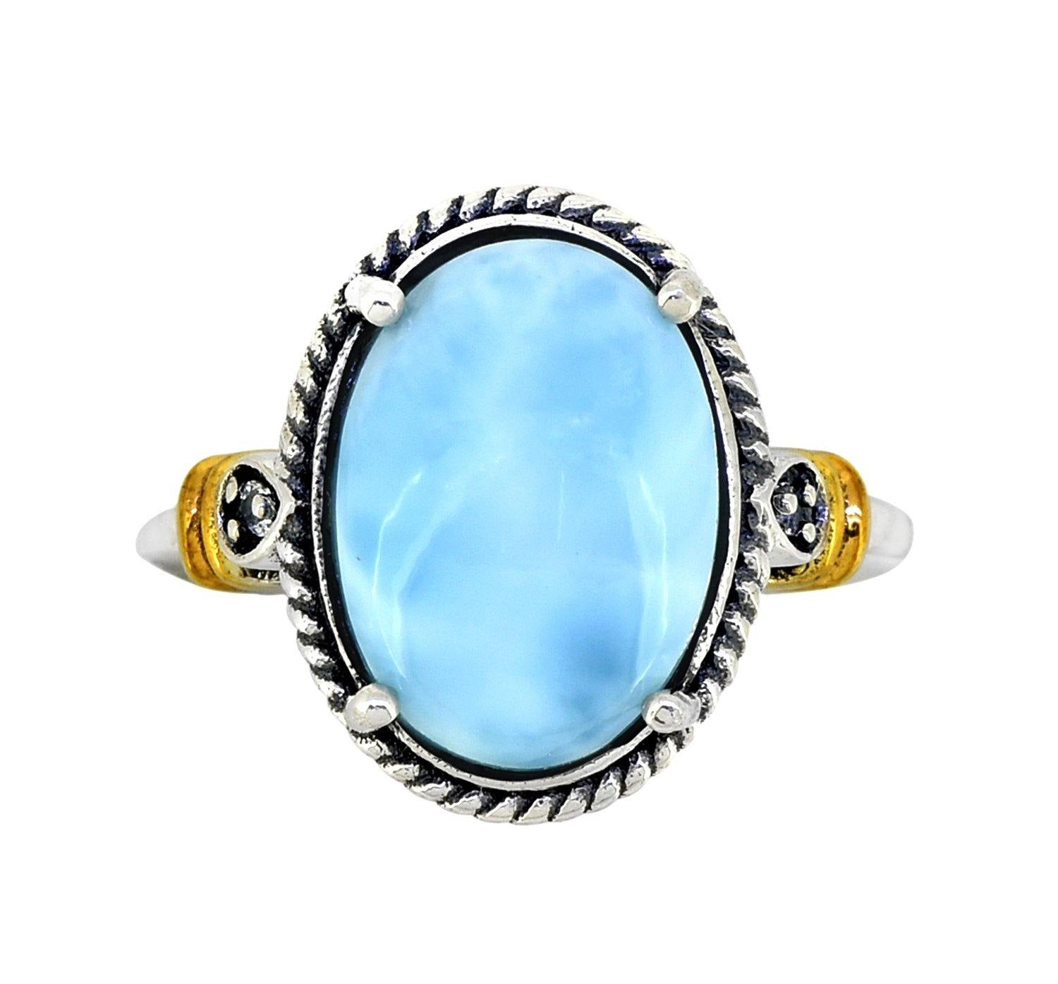 Larimar White Topaz Solid 925 Sterling Silver Gold Plated Ring Genuine Gemstone Jewelry - YoTreasure
