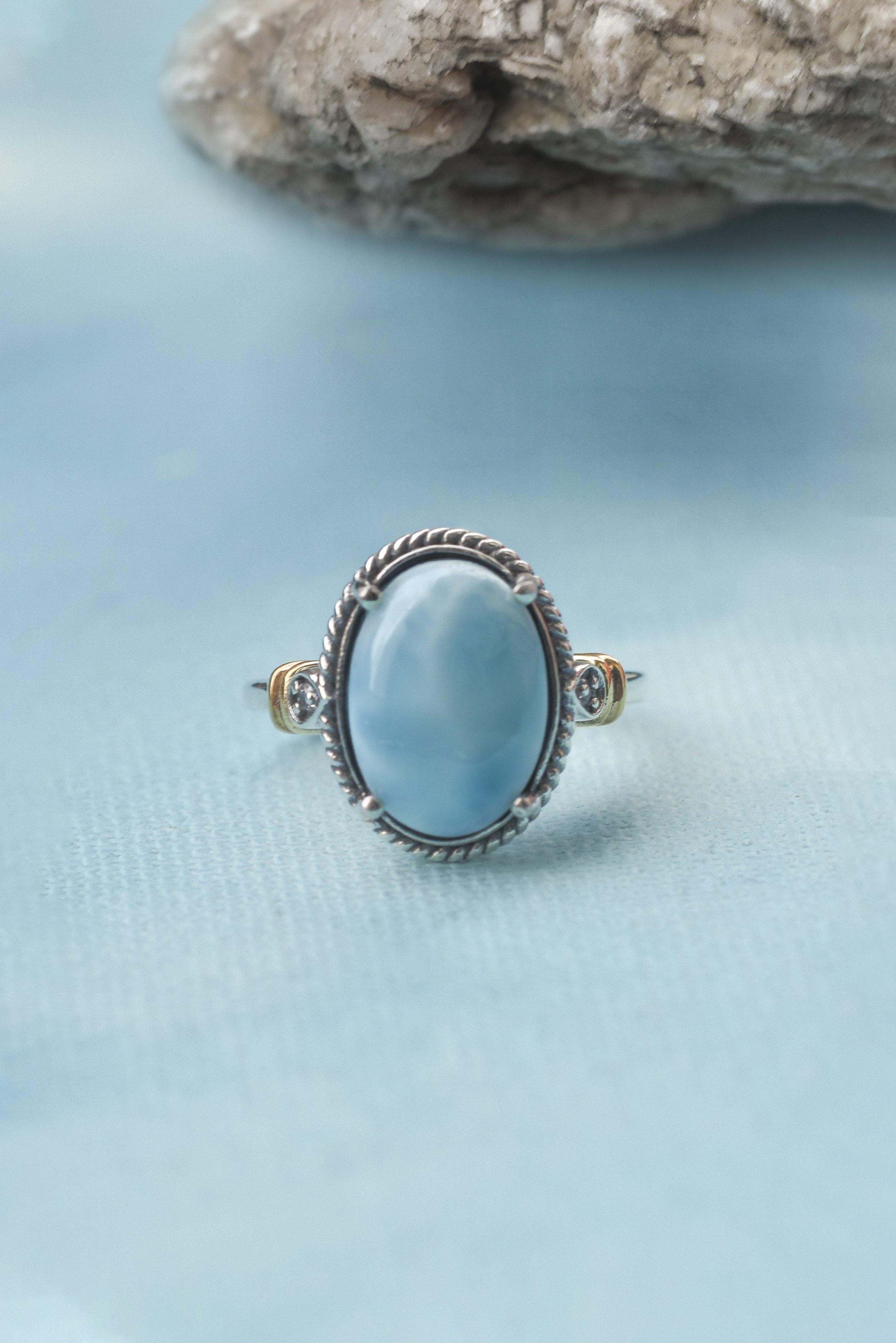 Larimar White Topaz Solid 925 Sterling Silver Gold Plated Ring Genuine Gemstone Jewelry - YoTreasure