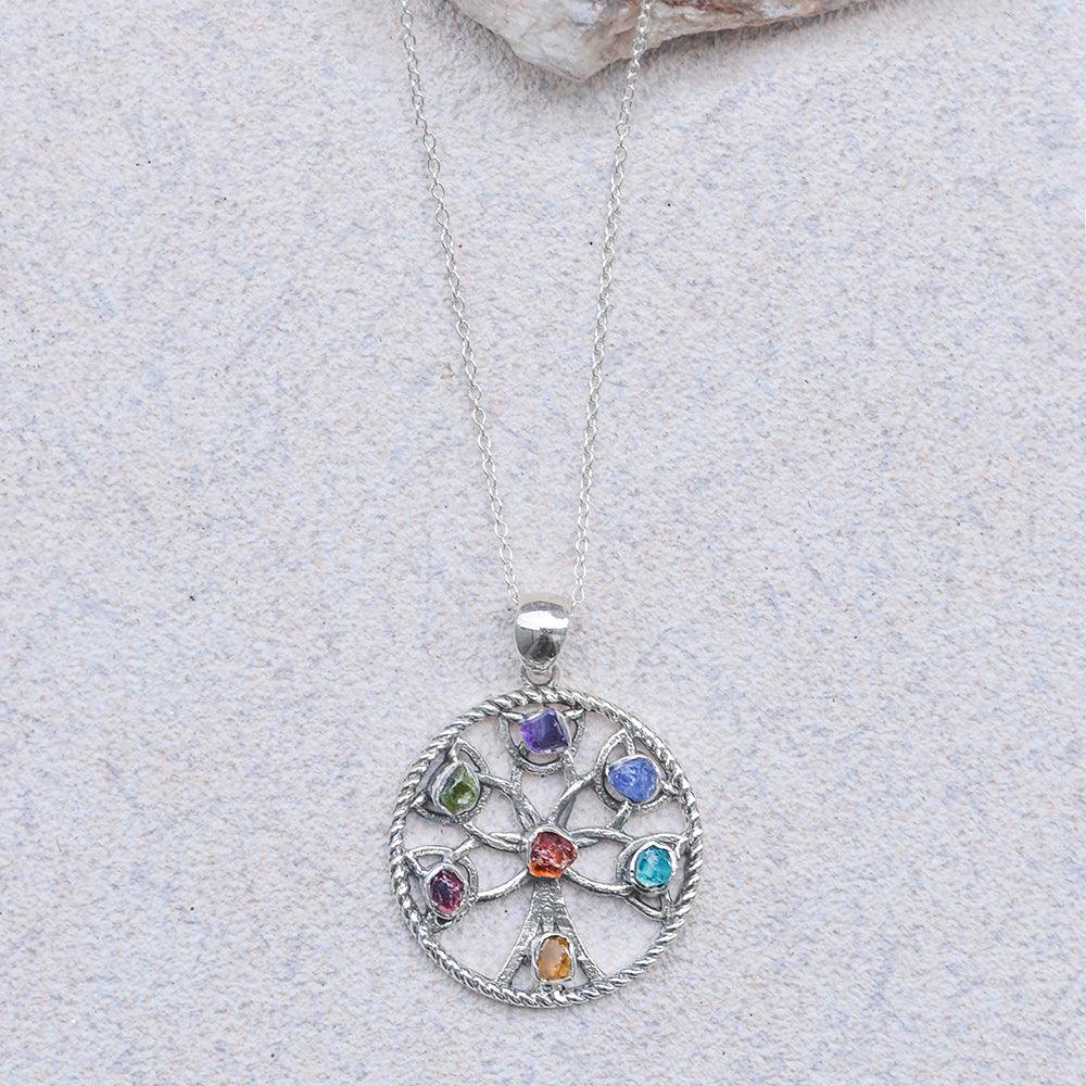 Rough 7 Chakra Healing Stone Solid Sterling Silver Chain Tree of Life Necklace Pendant Family Tree Jewelry - YoTreasure