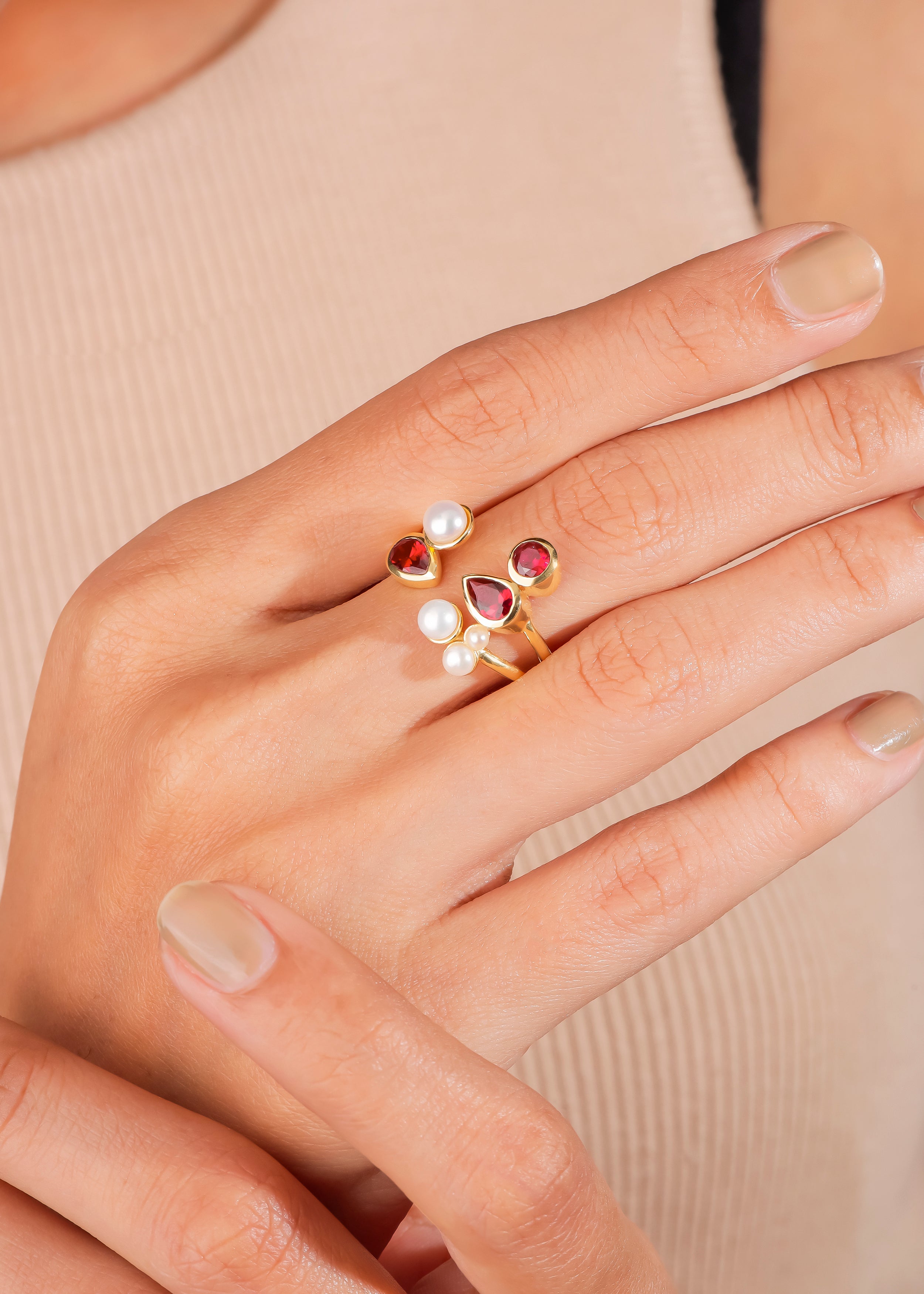 Lab Created Ruby Pearl Gold Plated Over 925 Silver Open Band Rings