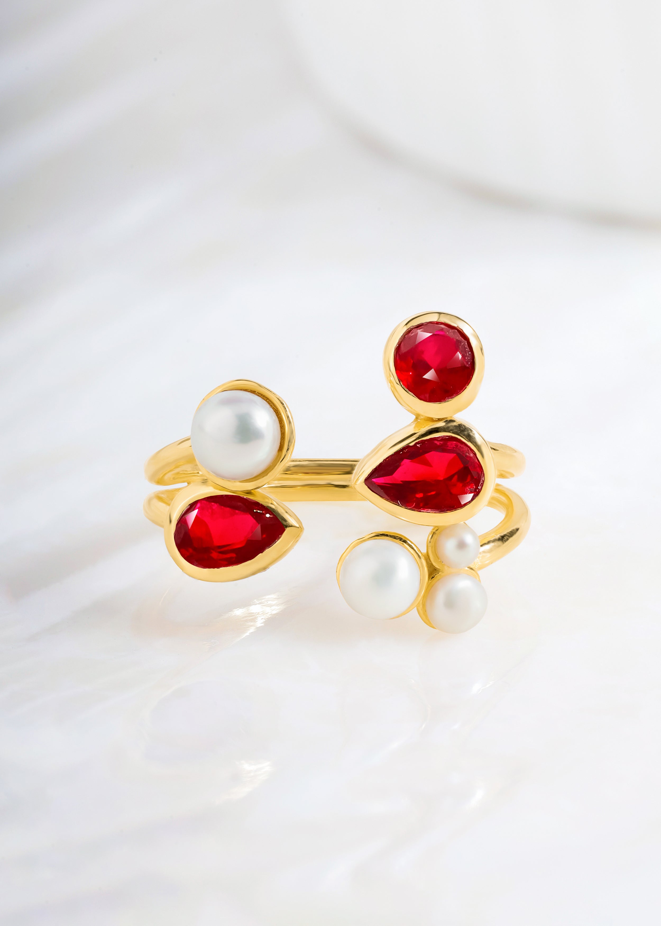 Lab Created Ruby Pearl Gold Plated Over 925 Silver Open Band Rings