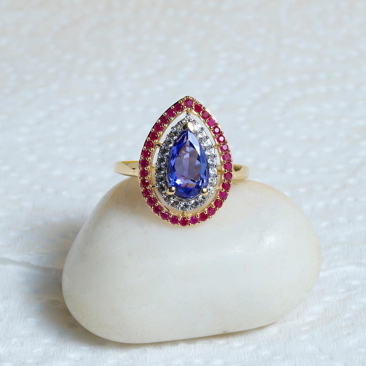 2.21 Ct. Tanzanite Ruby Sapphire Cluster Ring 14K Yellow Gold Gemstone Jewelry - YoTreasure