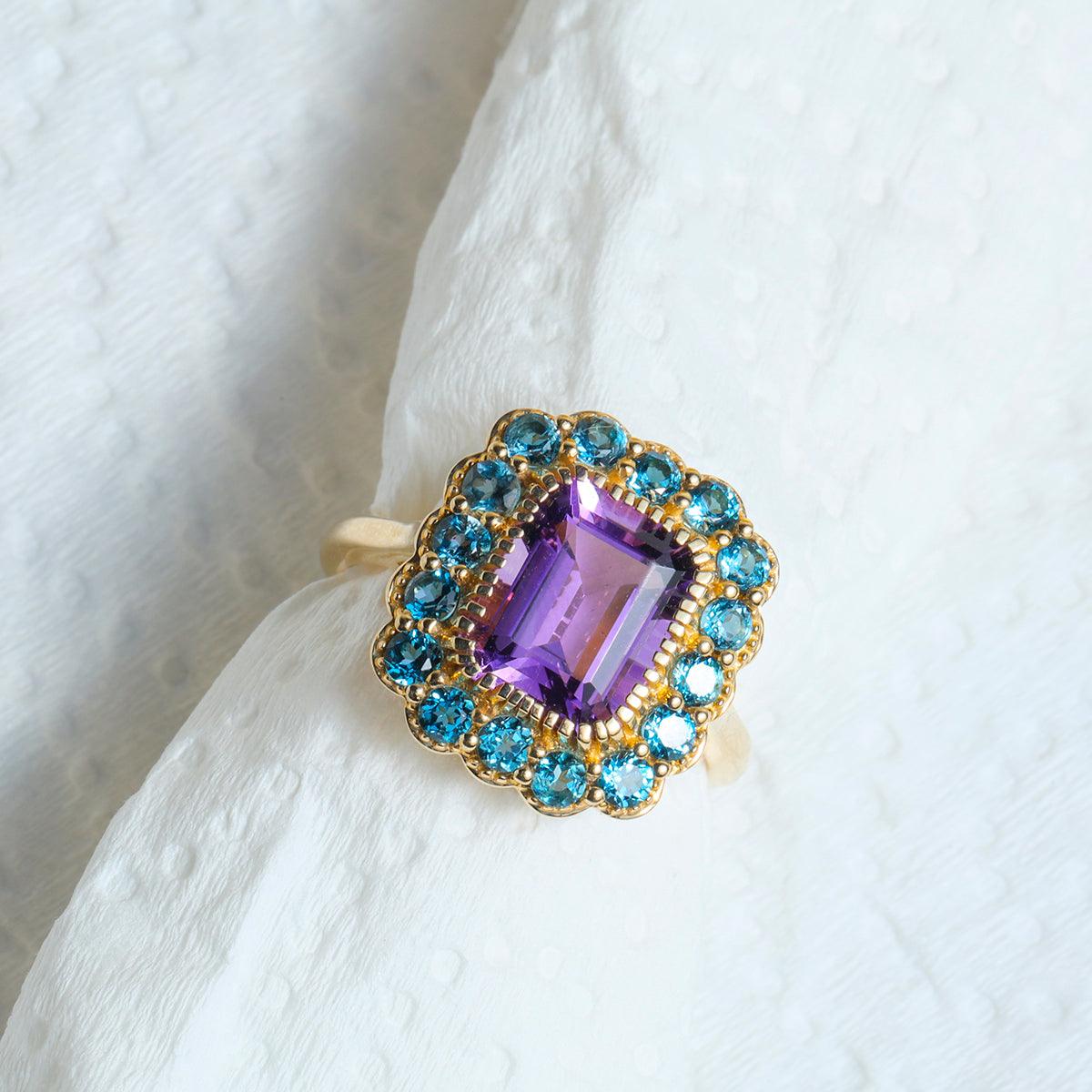 3.79 Ct. Purple Amethyst London Blue Topaz 14K Yellow Gold Statement Ring - YoTreasure