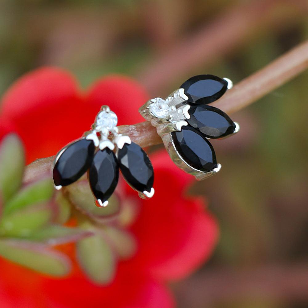 Black Onyx White Topaz Solid 925 Sterling Silver half flower Stud Earrings - YoTreasure