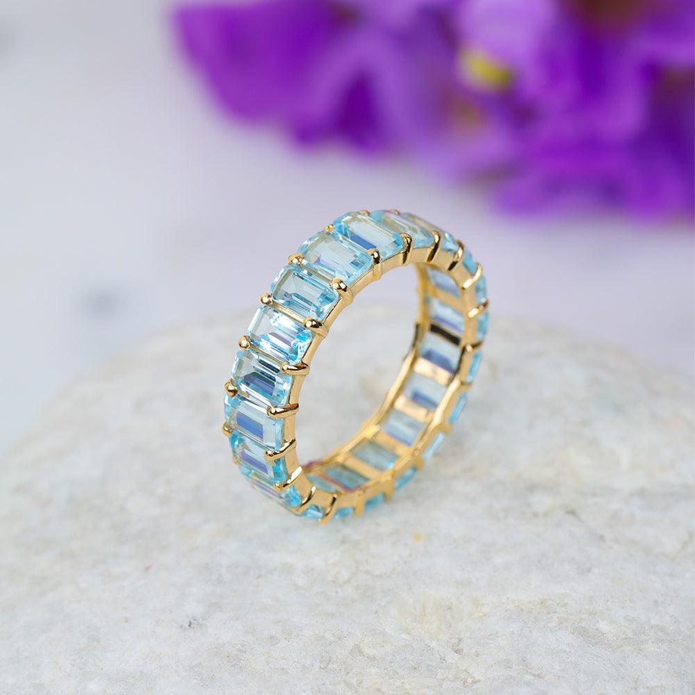 Sky Blue Topaz Solid 14K Yellow Gold Eternity Wedding Band Ring Jewelry - YoTreasure