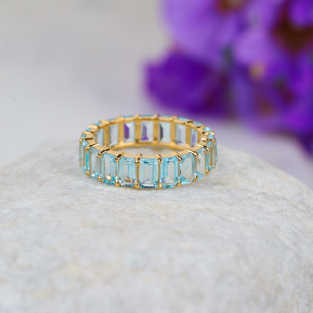 Sky Blue Topaz Solid 14K Yellow Gold Eternity Wedding Band Ring Jewelry - YoTreasure