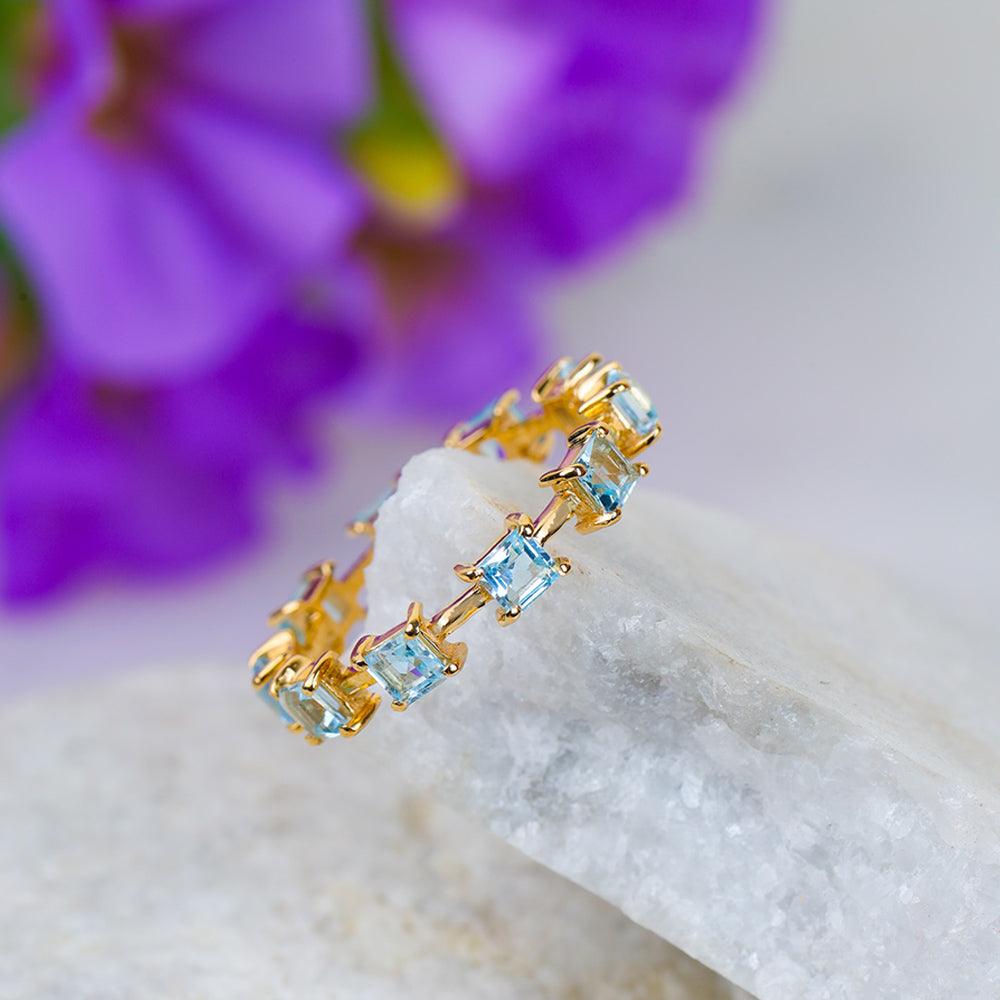 Swiss Blue Topaz Solid 14K Yellow Gold Stackable Band Ring Jewelry - YoTreasure