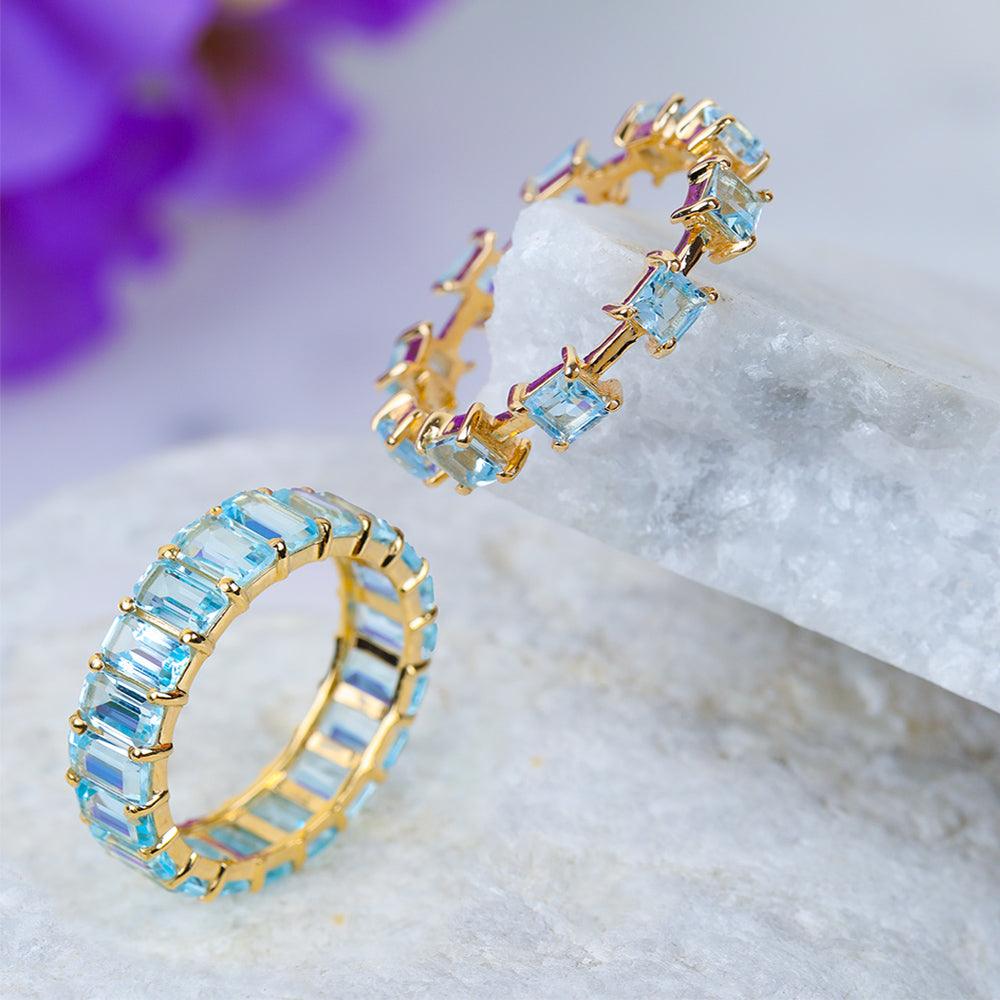 Swiss Blue Topaz Solid 14K Yellow Gold Stackable Band Ring Jewelry - YoTreasure