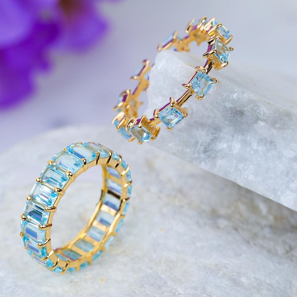 Sky Blue Topaz Solid 14K Yellow Gold Eternity Wedding Band Ring Jewelry - YoTreasure