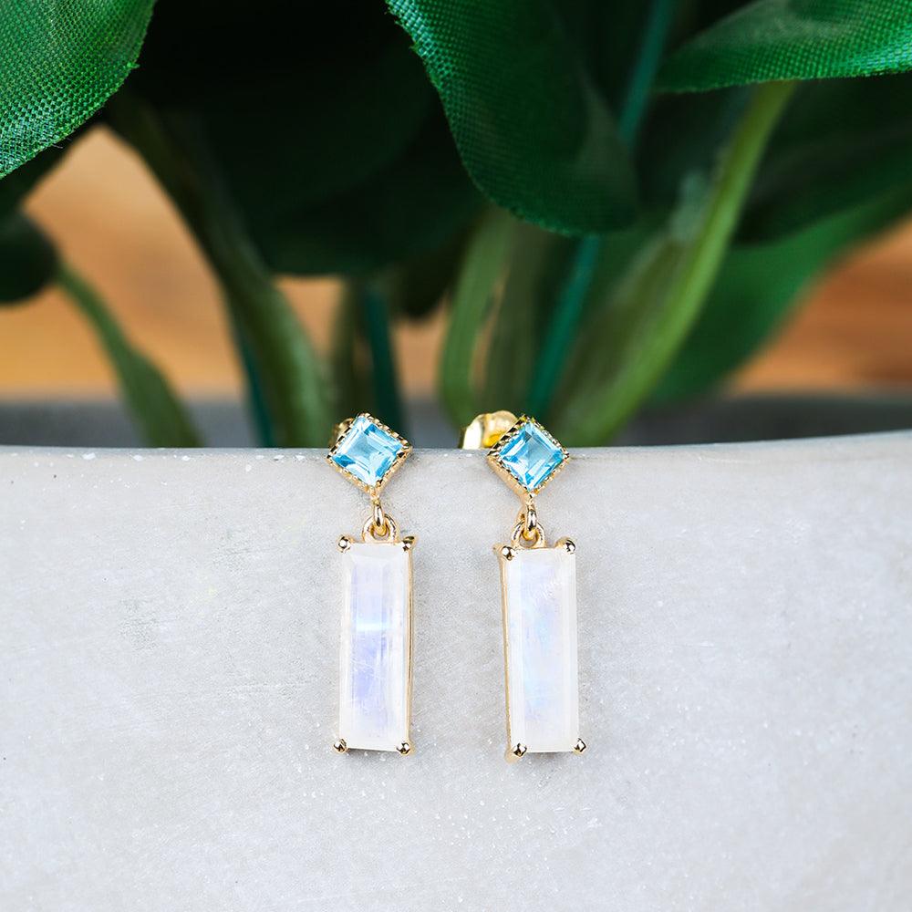 Moonstone Swiss Blue Topaz Solid 14k Yellow Gold Drop Earrings Gemstone Jewelry - YoTreasure