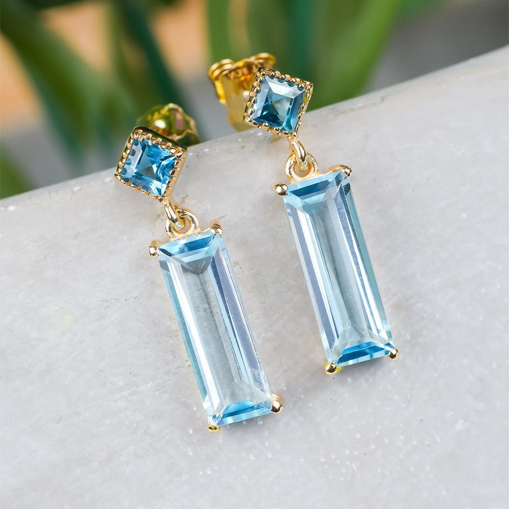 Sky Blue Topaz London Blue Topaz Solid 14k Yellow Gold Drop Earrings Gemstone Jewelry - YoTreasure