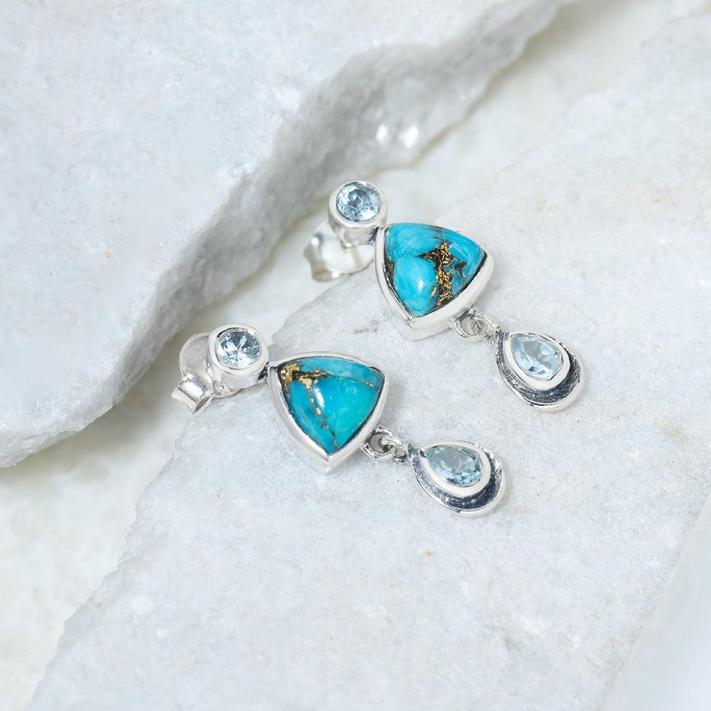 Blue Copper Turquoise Sky Blue Topaz Solid 925 Sterling Silver Drop Earrings - YoTreasure