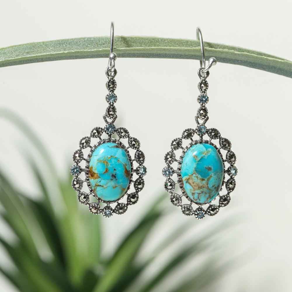 Blue Mohave Turquoise Swiss Topaz Marcasite 925 Sterling Silver Dangle Earrings - YoTreasure