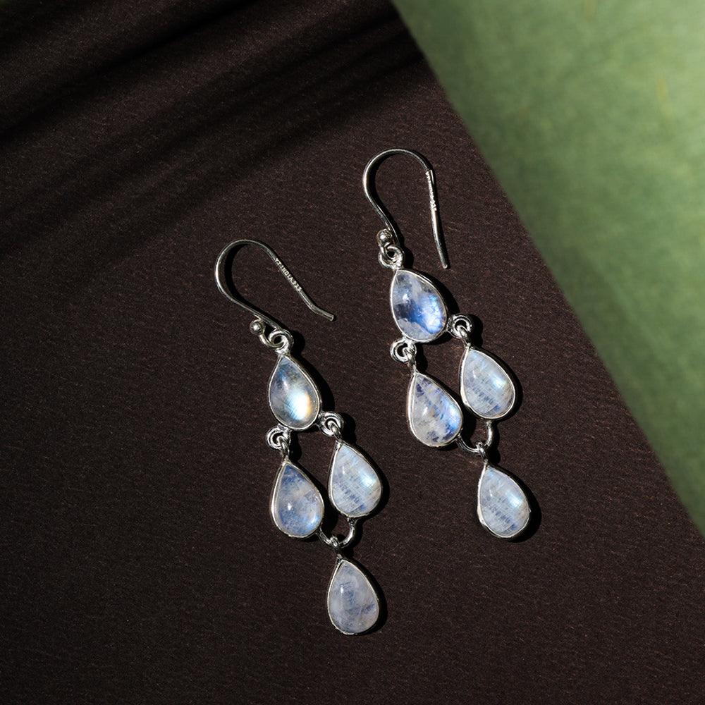 Rainbow Moonstone Solid 925 Sterling Silver Chandelier Earrings Gemstone Jewelry - YoTreasure