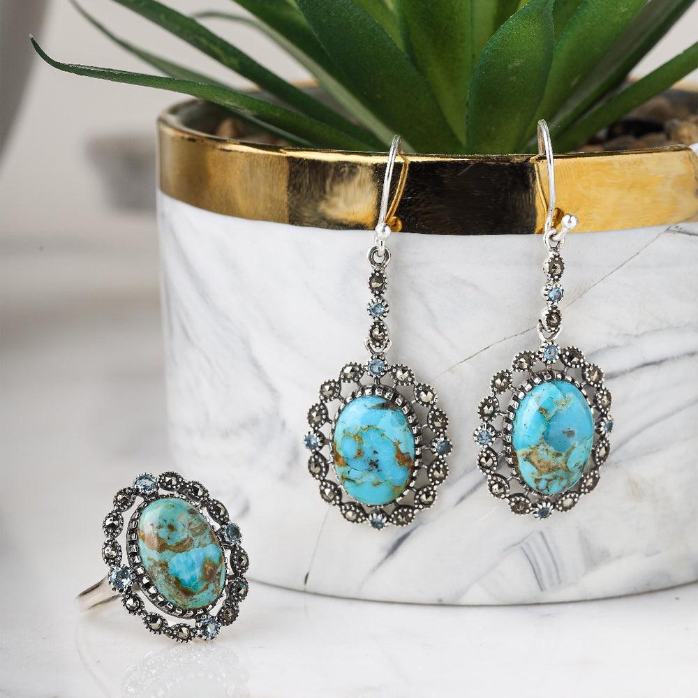 Sterling Silver Reconstituted Turquoise, Blue Topaz and Marcasite Dangle Earrings