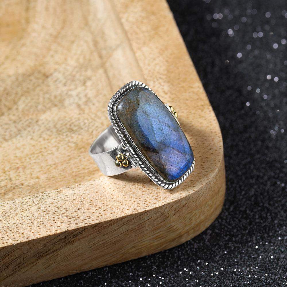 Labradorite Solid 925 Sterling Silver Bold Ring With Brass Accents Jewelry - YoTreasure