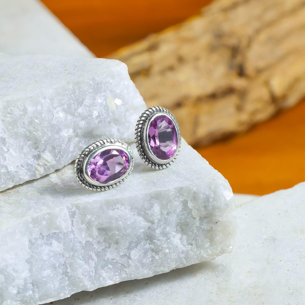 Purple Amethyst Solid 925 Sterling Silver Rope Design Stud Earrings - YoTreasure