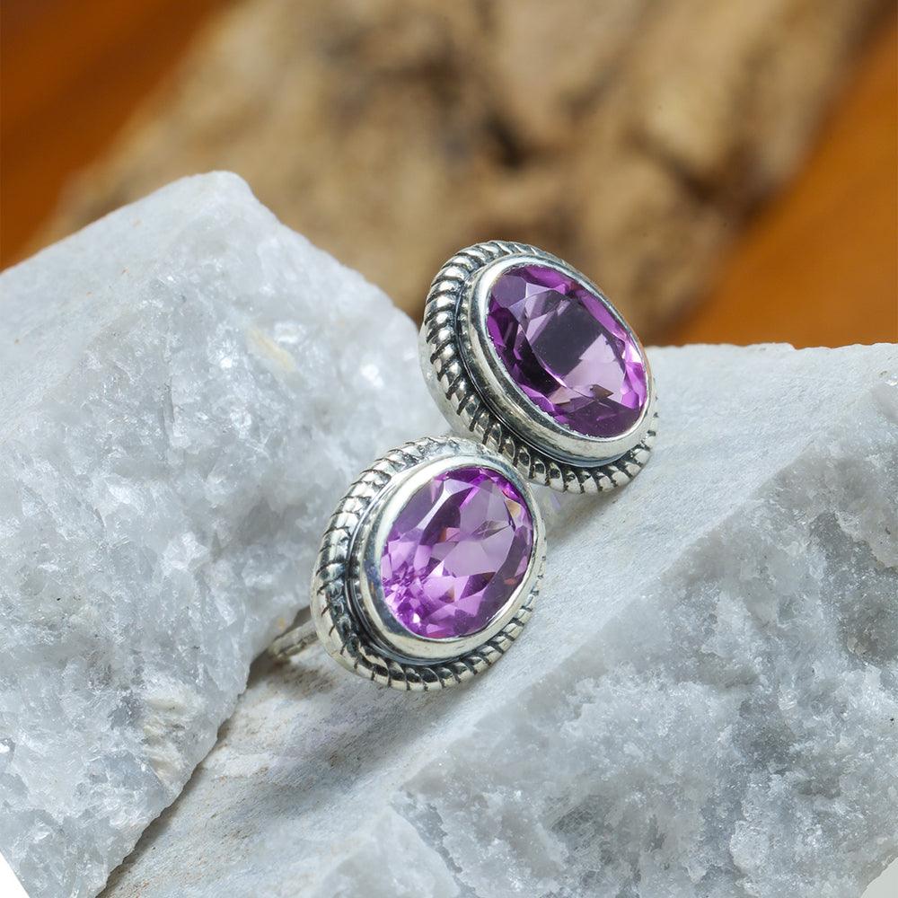 Purple Amethyst Solid 925 Sterling Silver Rope Design Stud Earrings - YoTreasure