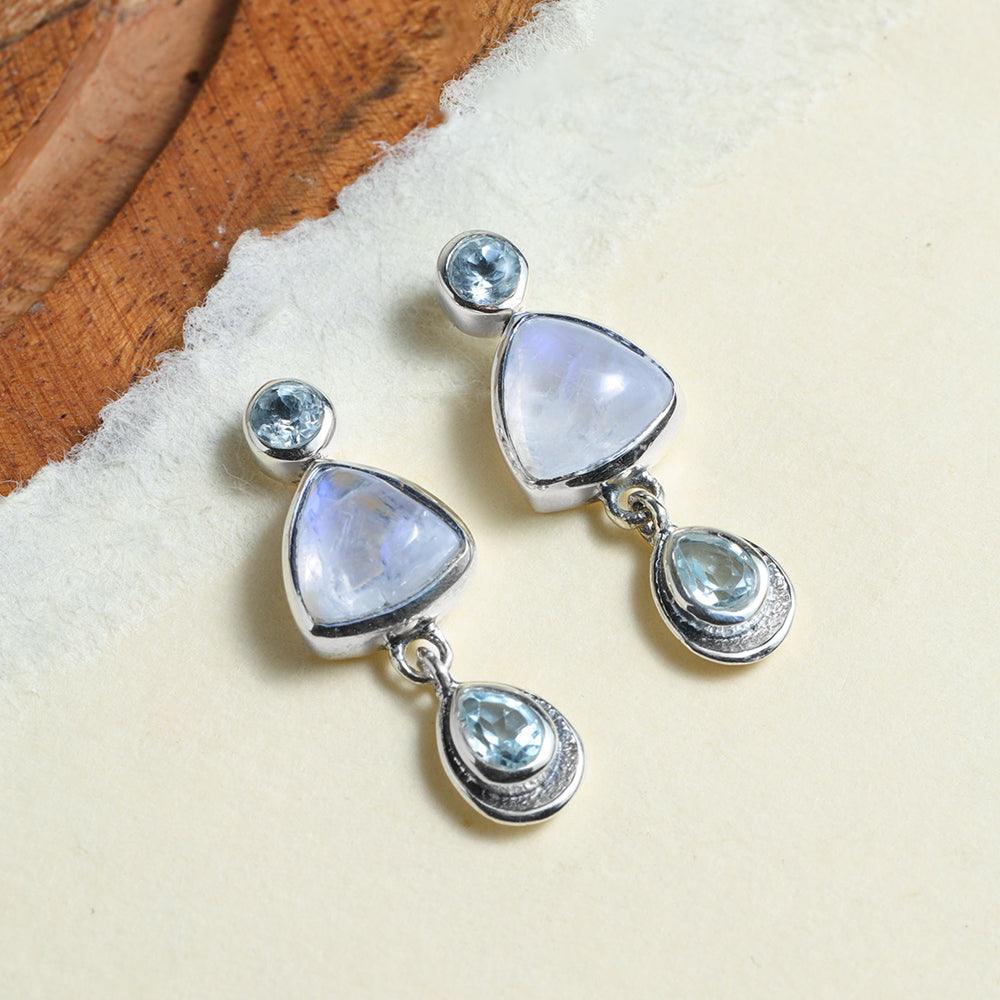 Rainbow Moonstone Sky Blue Topaz Solid 925 Sterling Silver Drop Earrings - YoTreasure