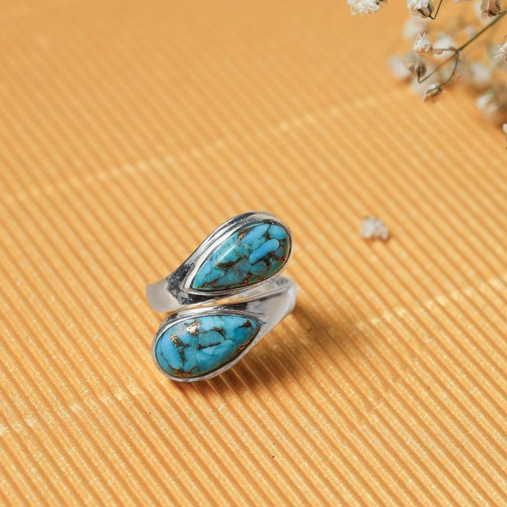 YoTreasure 8x16 MM Blue Copper Turquoise Bypass Ring 925 Sterling Silver Jewelry - YoTreasure