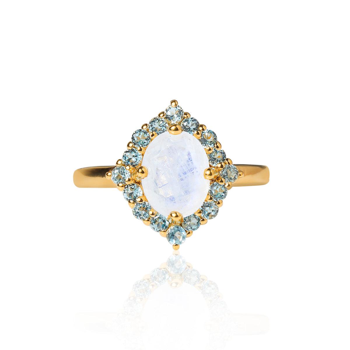 Rainbow Moonstone & Blue Topaz Ring in 14k Gold Over 925 Sterling Silver - YoTreasure