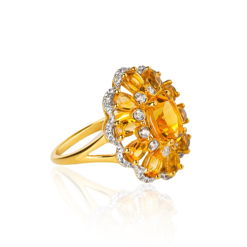 Citrine & White Topaz Yellow Gold Plated 925 Sterling Silver Cluster Ring Jewelry - YoTreasure