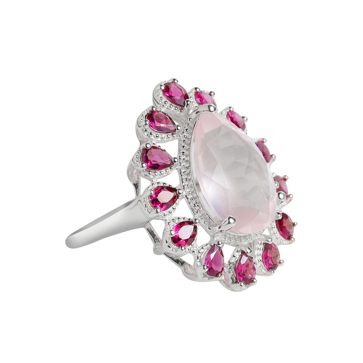 Rose Quartz & Rhodolite Garnet Solid 925 Sterling Silver Bold Ring - YoTreasure