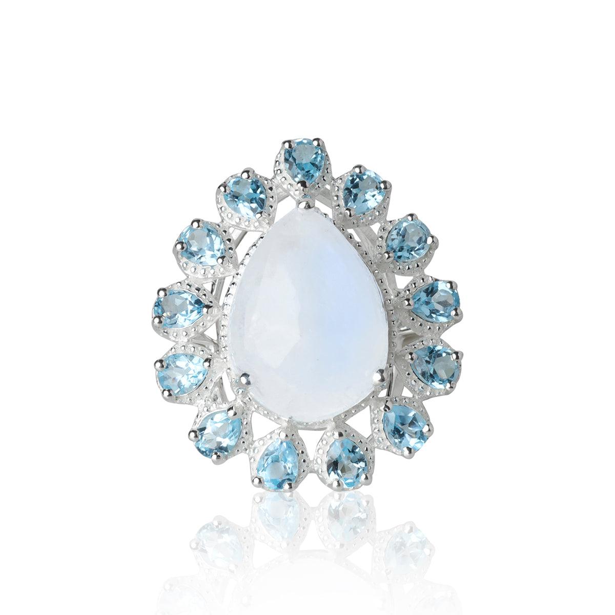 Moonstone & Swiss Blue Topaz Solid 925 Sterling Silver Statement Ring - YoTreasure