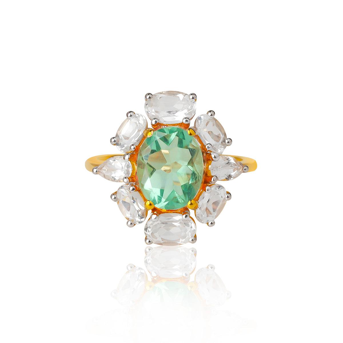 Green Fluorite & White Topaz Ring in 14k Gold Over Silver - YoTreasure