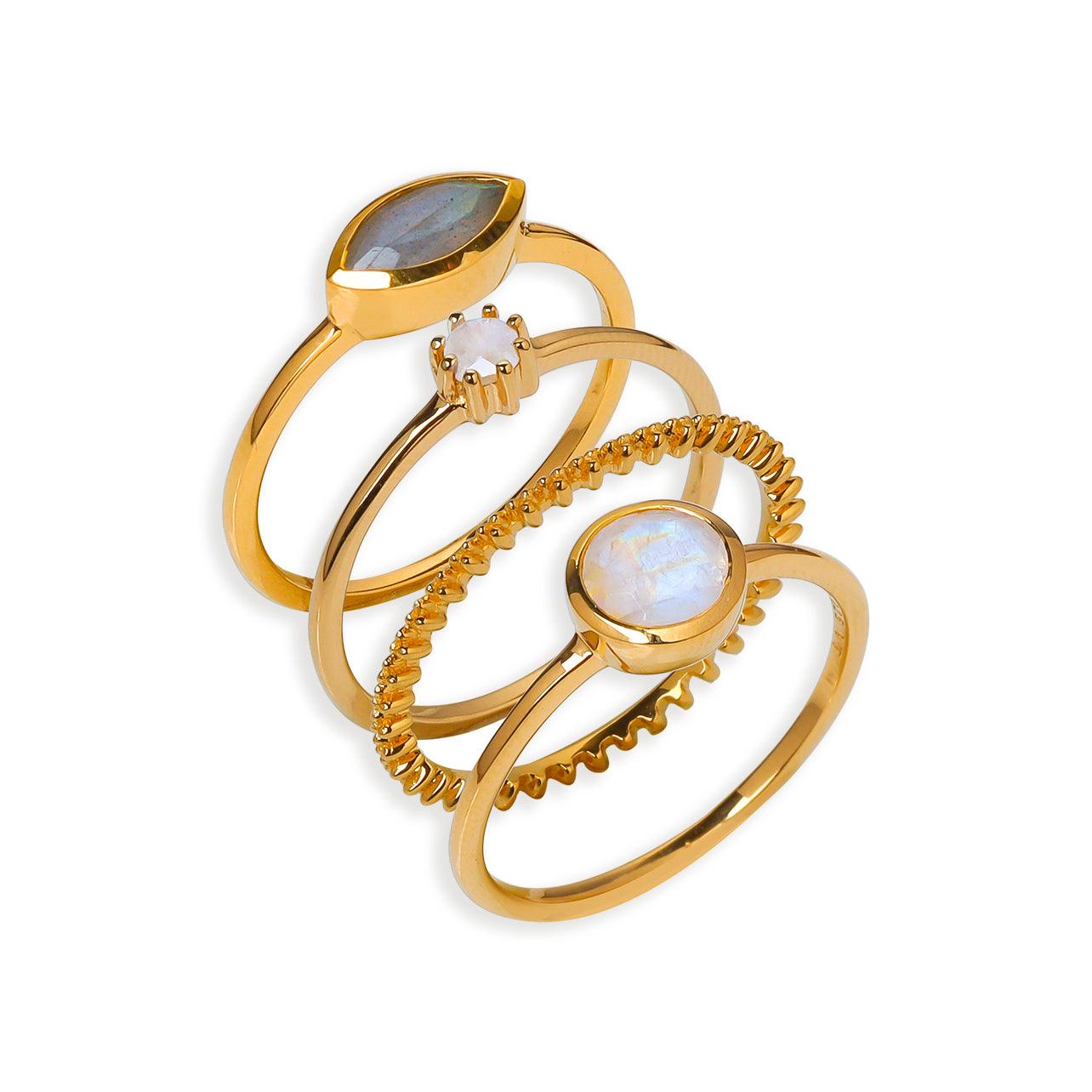 Moonstone Labradorite Love Ring Gold Over Silver Stackable Rings Set - YoTreasure