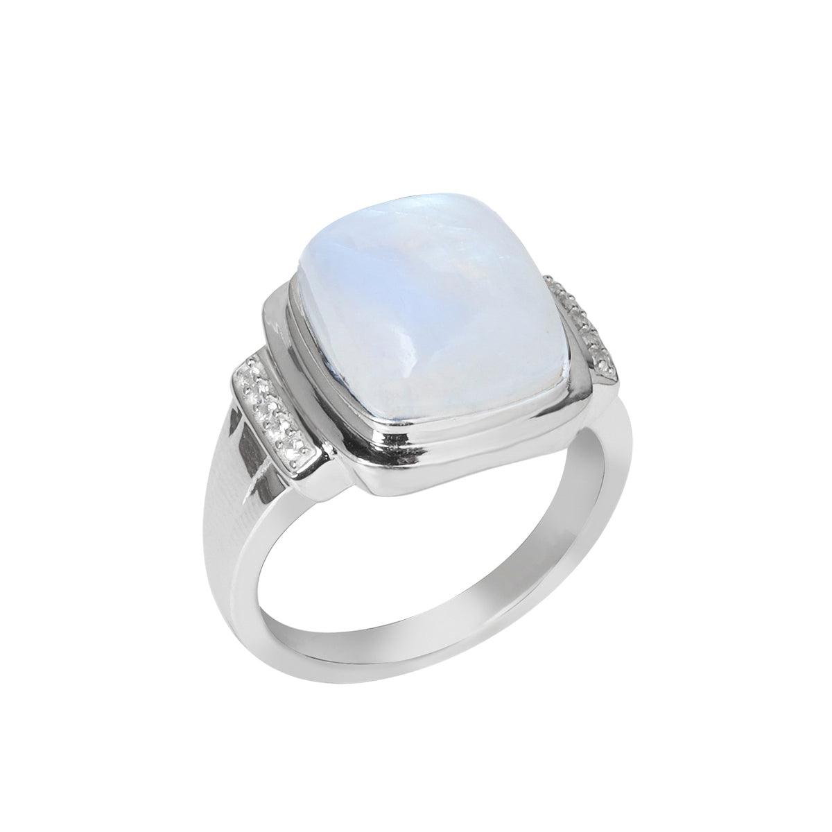 Rainbow Moonstone & White Zircon Ring in 925 Sterling Silver - YoTreasure