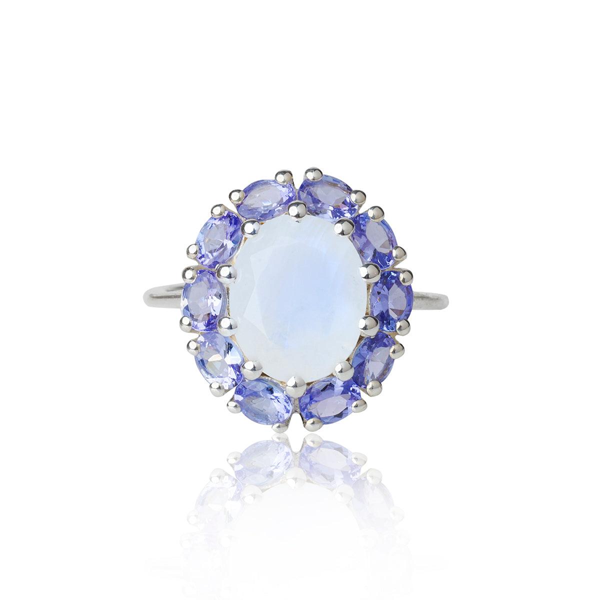 6.40 Ct. Moonstone & Tanzanite Cluster Ring 10kt White Gold Jewelry - YoTreasure