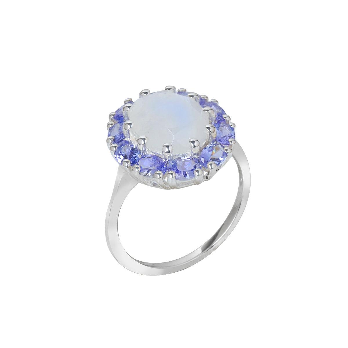 6.40 Ct. Moonstone & Tanzanite Cluster Ring 10kt White Gold Jewelry - YoTreasure