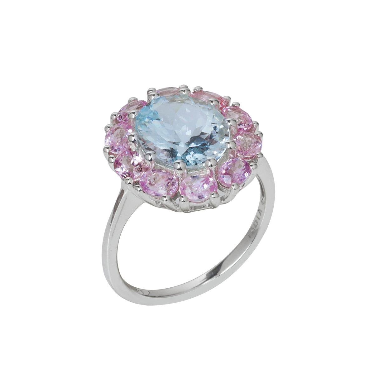 5.40 Ct. Aquamarine & Pink Sapphire Cluster Ring 14K White Gold Jewelry - YoTreasure