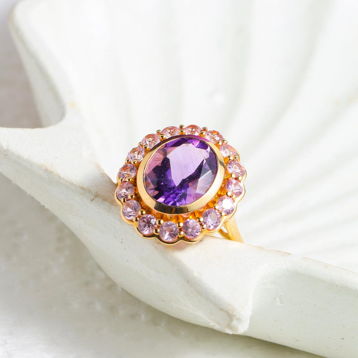3.82 Ct. Purple Amethyst Pink Sapphire Cluster Ring 14K Yellow Gold Jewelry - YoTreasure