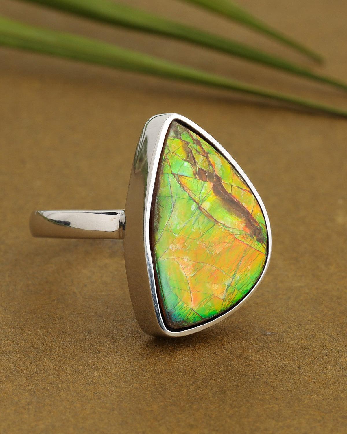 10.70 Ct. Ammolite Ring Solid 925 Sterling Silver Jewelry - YoTreasure