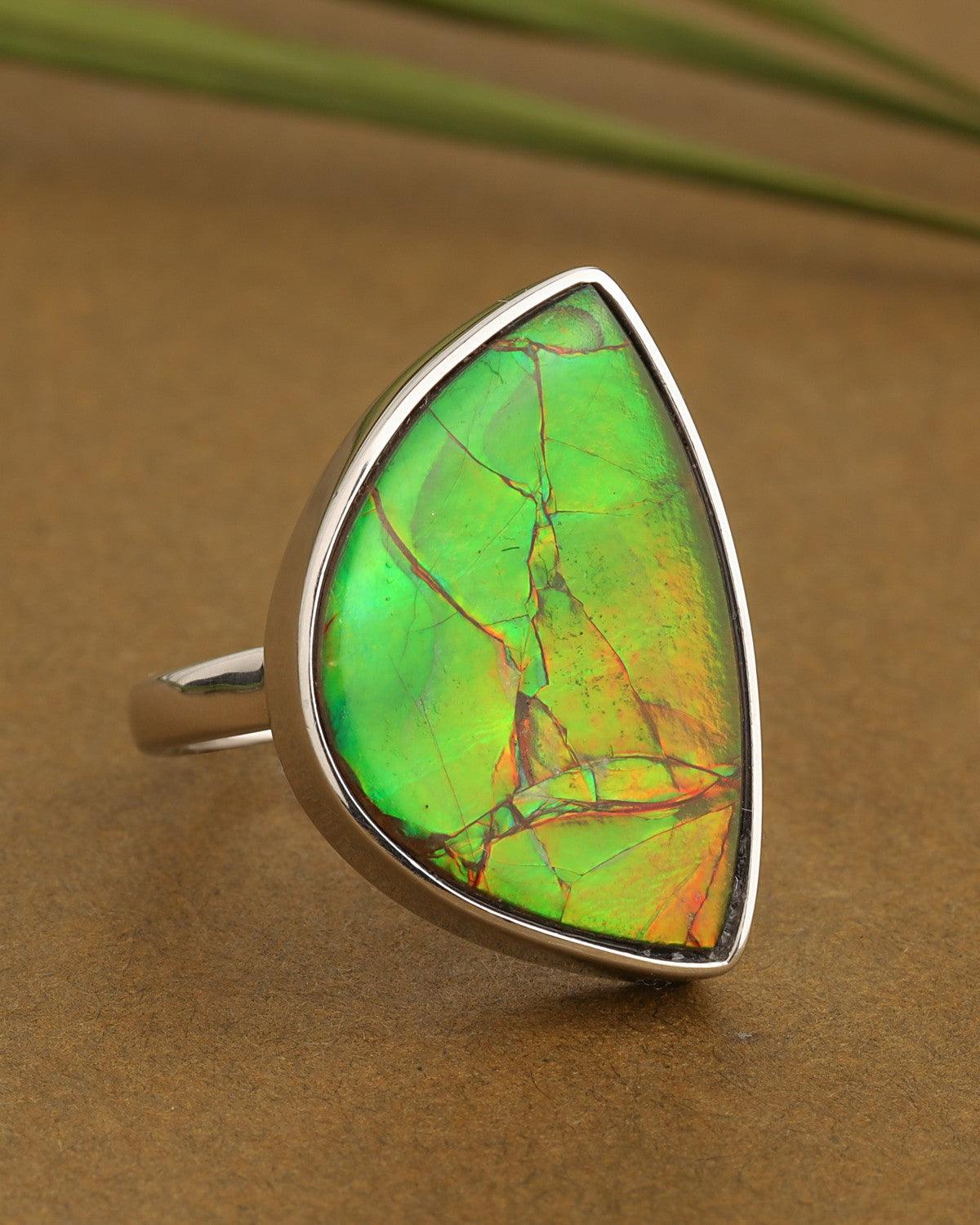 14.10 Ct. Ammolite Solid 925 Sterling Silver Ring Jewelry - YoTreasure